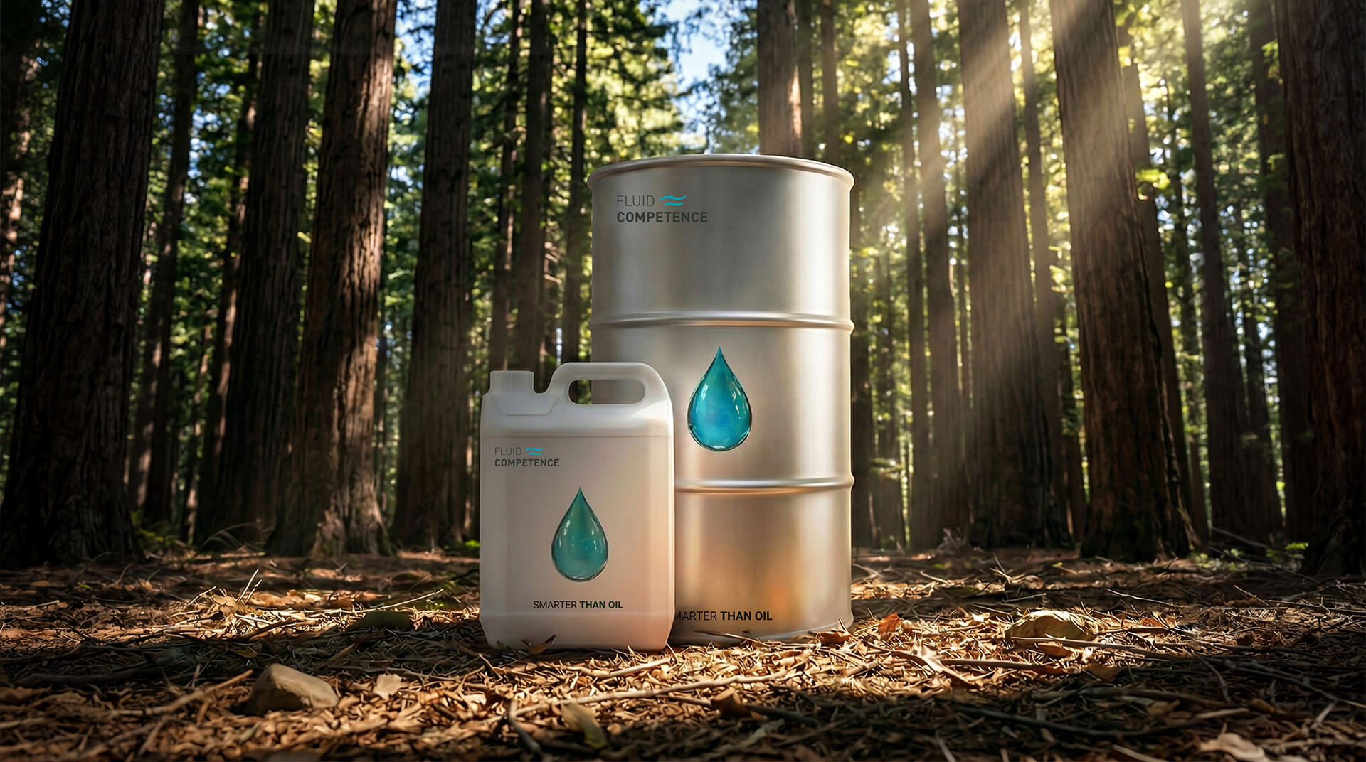 Ein Ölfass und kleiner Kanister mit Branding stehen im Sonnenlicht im Wald.